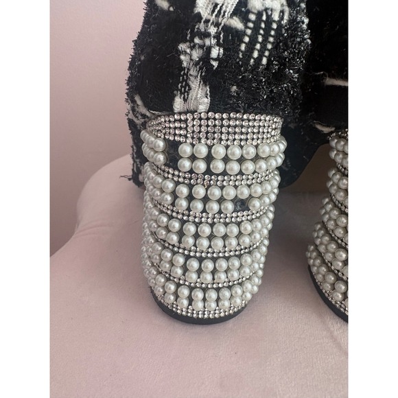 Betsey Johnson Plaid Tweed Over The Knee Boots Pearl Rhinestone Heel Black White - Picture 5 of 10